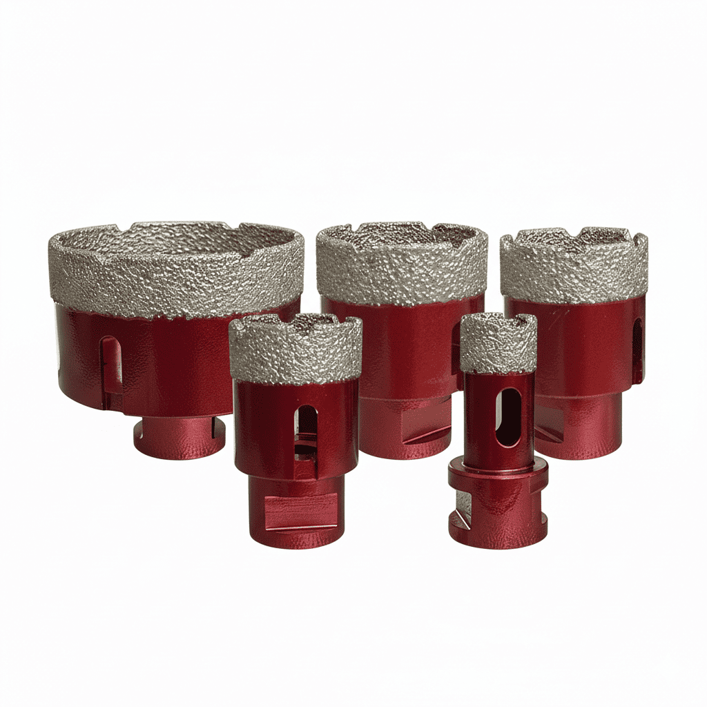 Diamond brazed drilling bits from 68 mm to 200 mm ( 2-11/16 inch - 7-7/8 inch ) suitable for glass, tile, granite and stone.